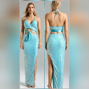 Sequin Halter Two-Piece Set Wrap Top & Maxi Skirt Aqua Blue Small& Medium